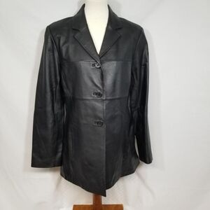 Sonoma Genuine Lambskin Leather Womens Black Button Classic Blazer Jacket Large